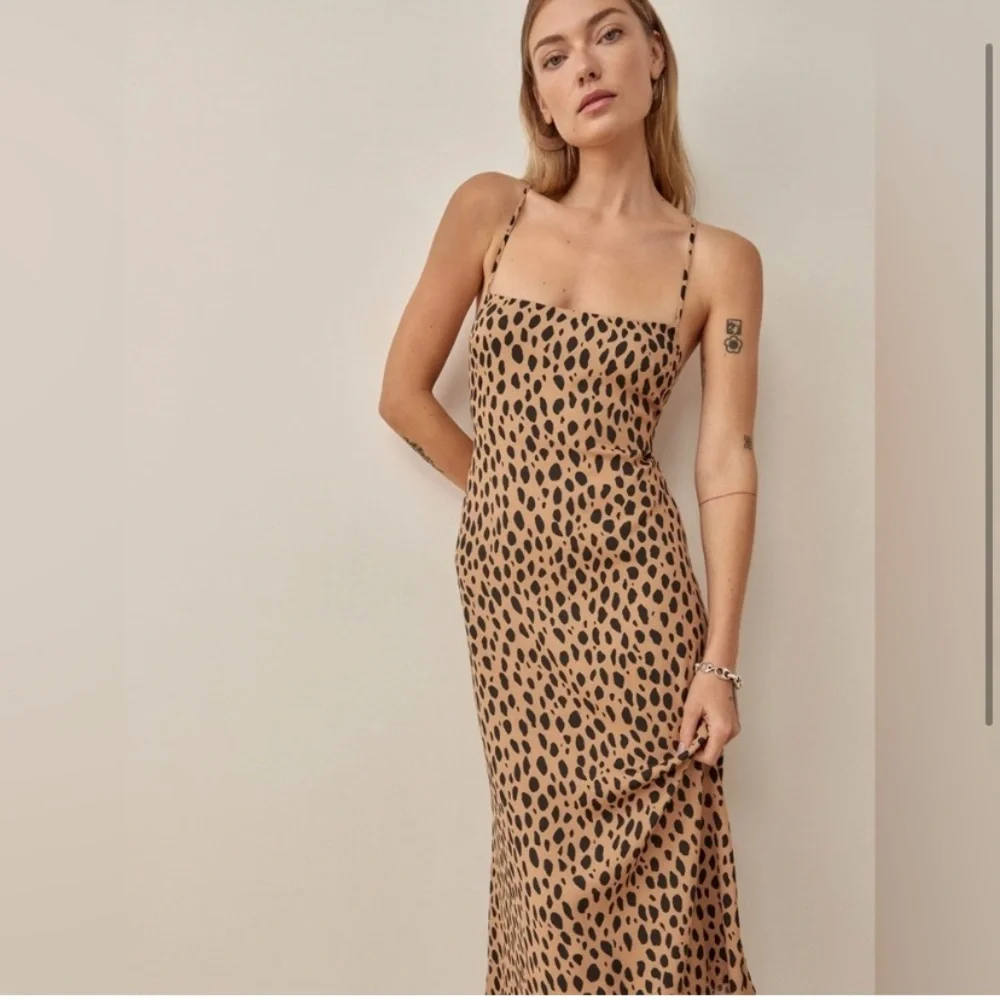 open lace back dress Reformation Selah Silk Leopard Print Scoop Neck Maxi Dress  The Closet New  York